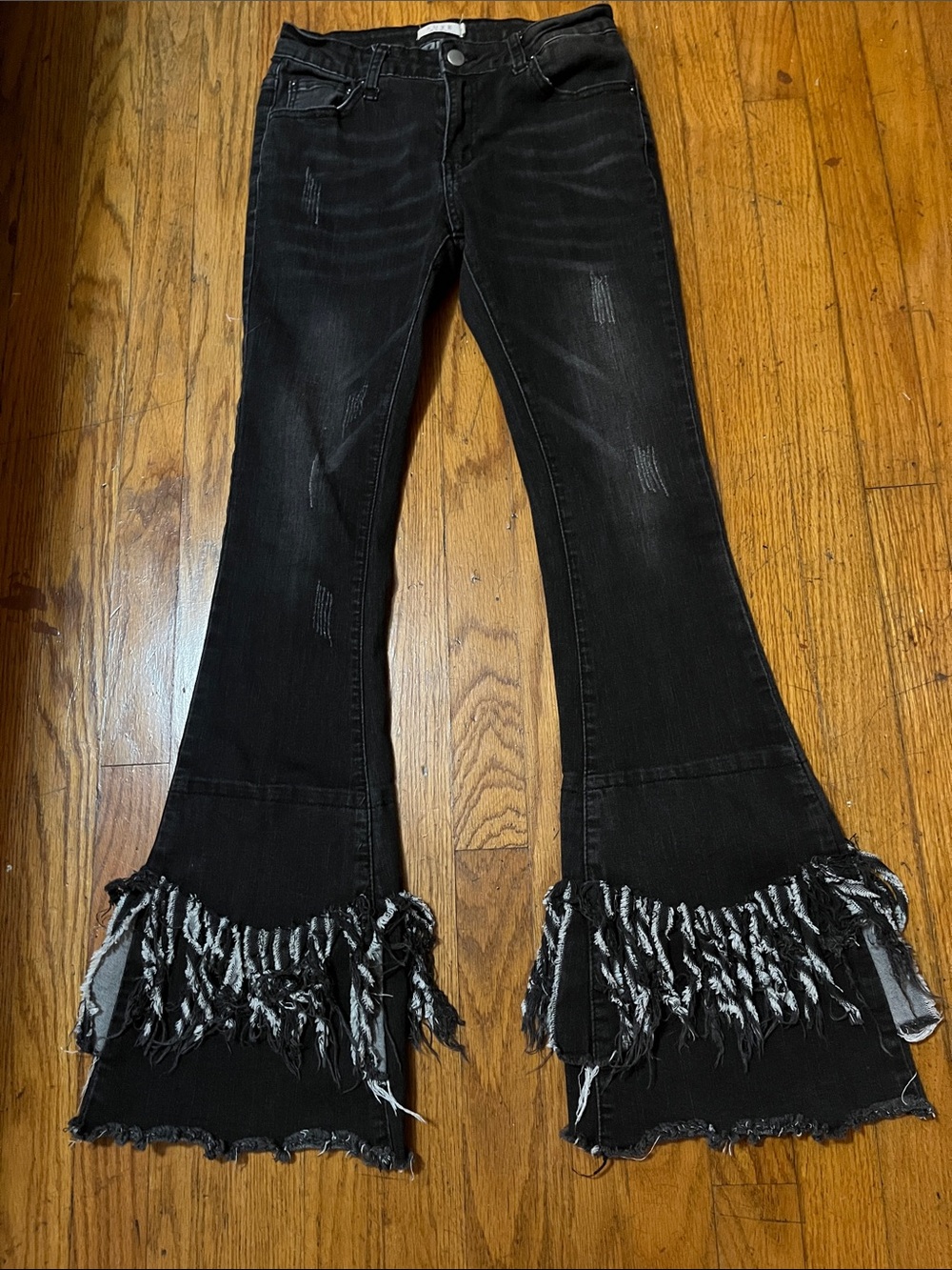Luxe Moda Black Distressed Flare Jeans with Fringe Hem Size 4 - Picture 4 of 9